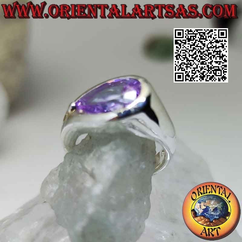 Rhodium-plated silver ring with pink cross drop zircon on smooth setting