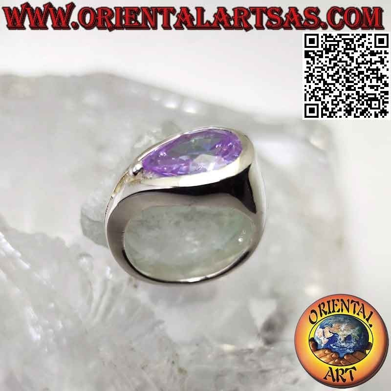 Rhodium-plated silver ring with pink cross drop zircon on smooth setting