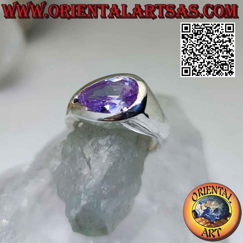 Rhodium-plated silver ring with pink cross drop zircon on smooth setting