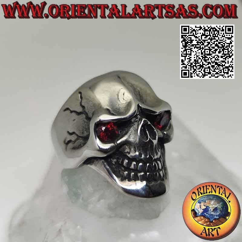 Surgical steel ring (316L), smooth skull with garnet eyes
