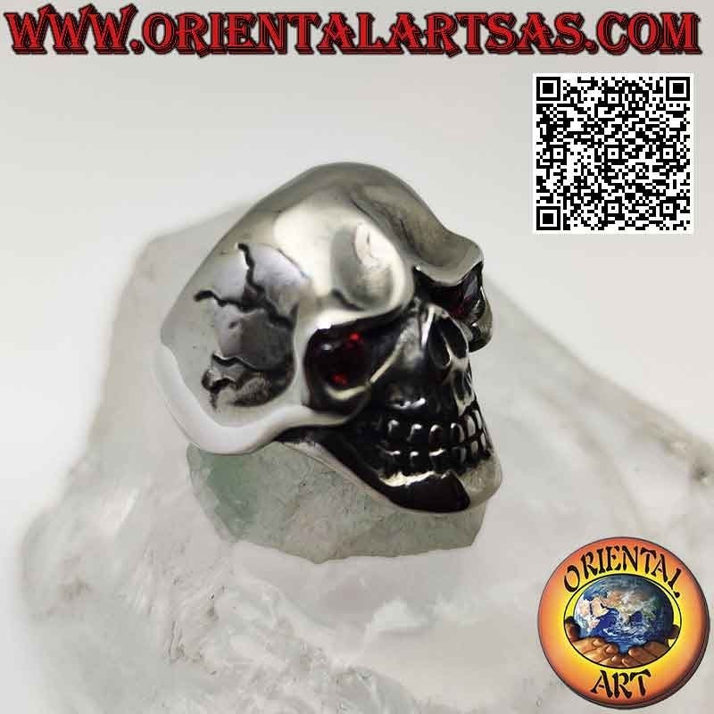 Bague en acier chirurgical (316L), tête de mort lisse avec yeux grenat