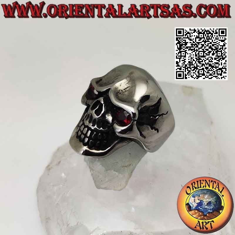 Bague en acier chirurgical (316L), tête de mort lisse avec yeux grenat