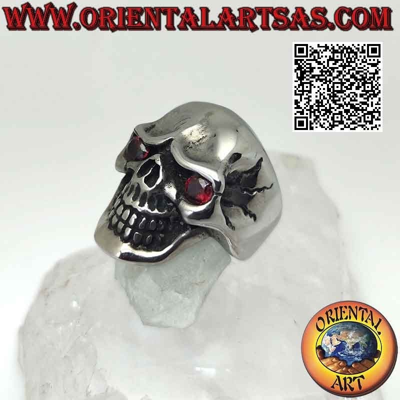 Anillo de acero quirúrgico (316L), calavera lisa con ojos de granate