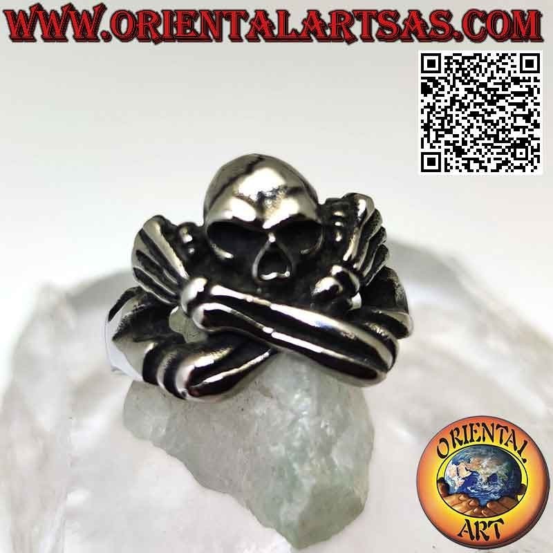 Anello in acciaio chirurgico (316L), teschio con braccia a X