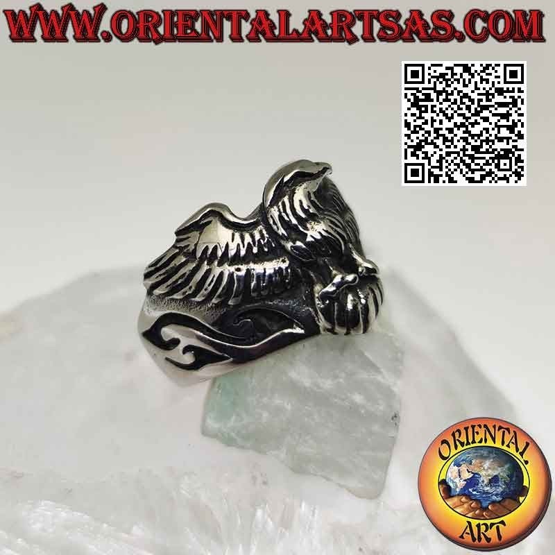 Anello in acciaio chirurgico (316L), con aquila a tre quarti