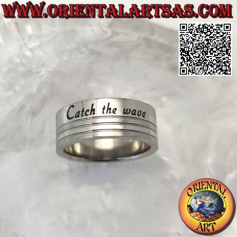 Ring aus Chirurgenstahl (316L), flaches Band mit Gravur „catch the wave“ 8 mm