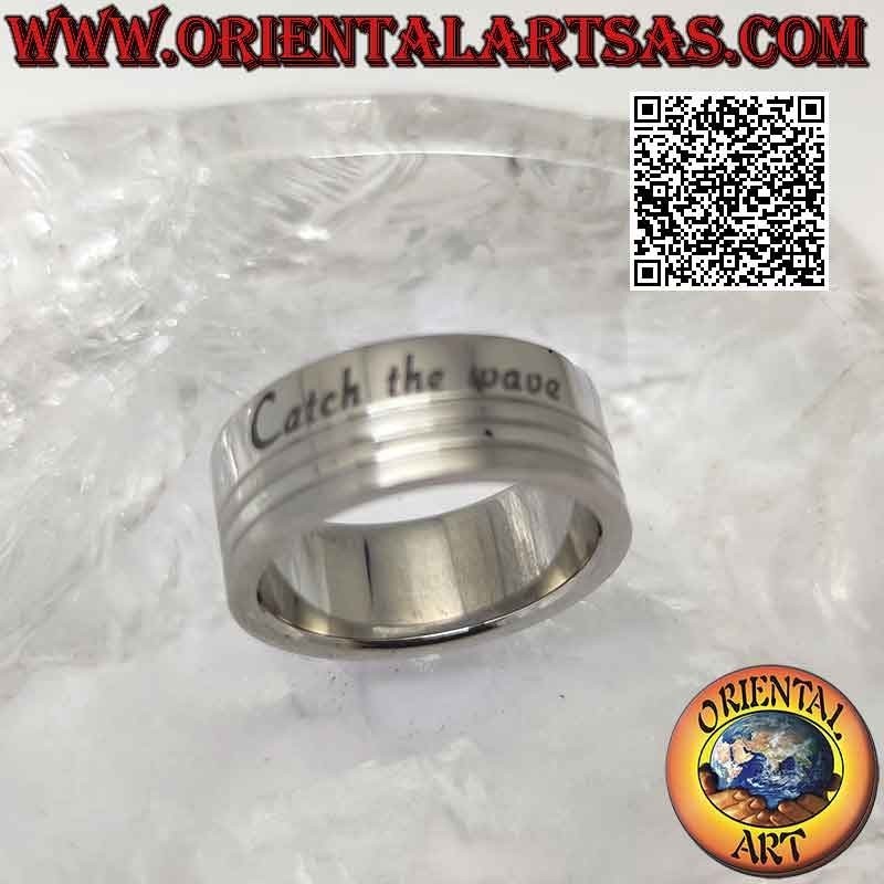 Surgical steel (316L) ring, flat band engraved with "catch the wave" 8 mm