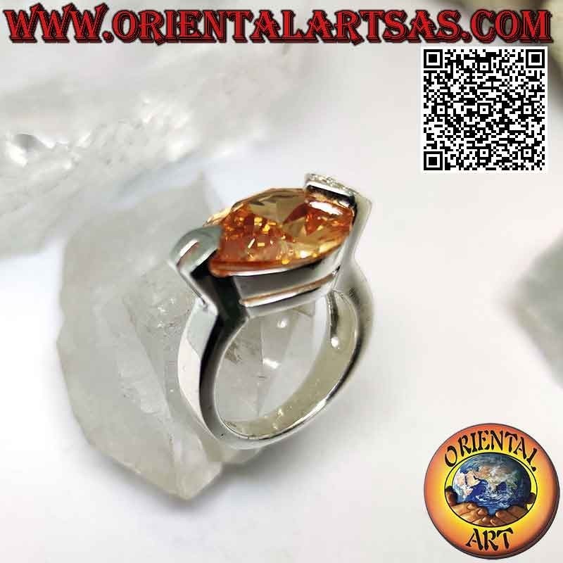 Rhodium silver ring with faceted champagne teardrop zircon with white zircons on a hook