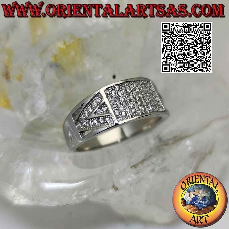 Silver ring with growing band with rectangle studded with white zircons and triangular motif