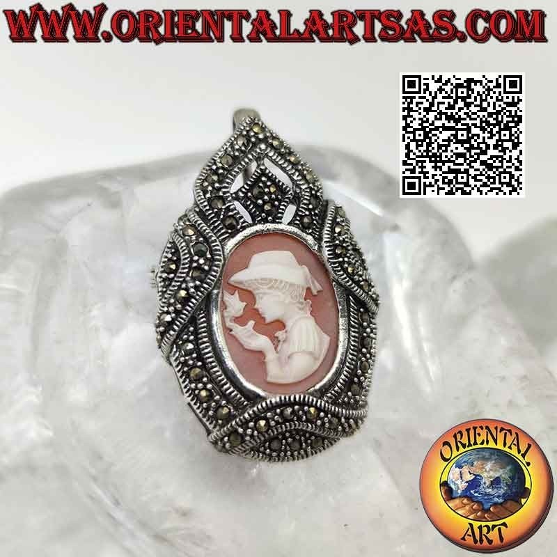 Silver pendant brooch with cameo of a boy with a canary and frame studded with marcasite