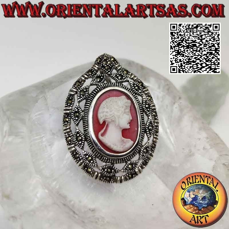 Silver pendant with oval cameo of the matron and pierced frame studded with marcasite