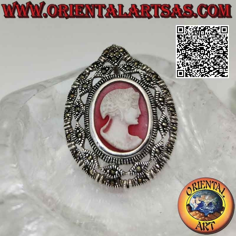 Silver pendant with oval cameo of the matron and pierced frame studded with marcasite