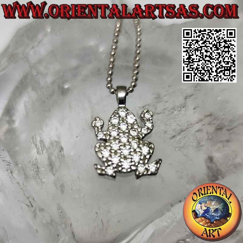 Silver pendant, flat frog or toad studded with zircons