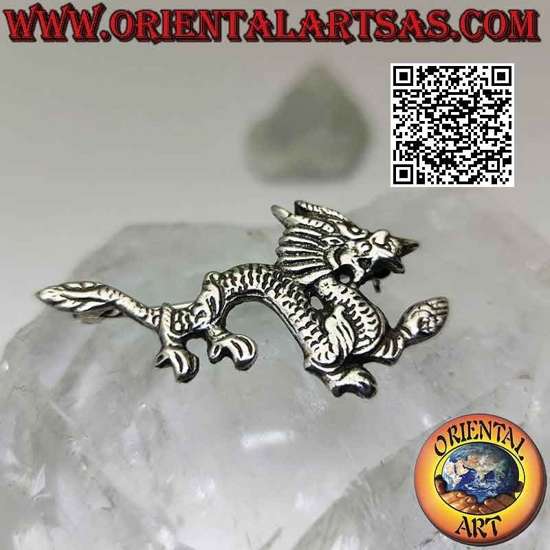 Spilla in argento 925 ‰ a forma di drago orientale nepalese con tratti incisi