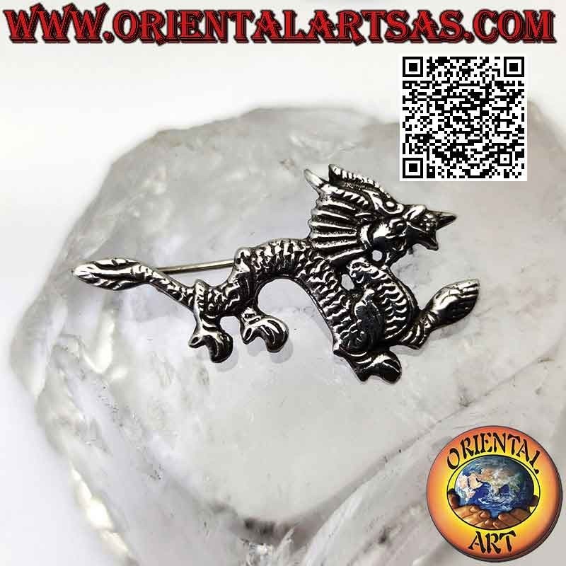 925 ‰ silver brooch in the shape of an oriental Nepalese dragon with engraved lines