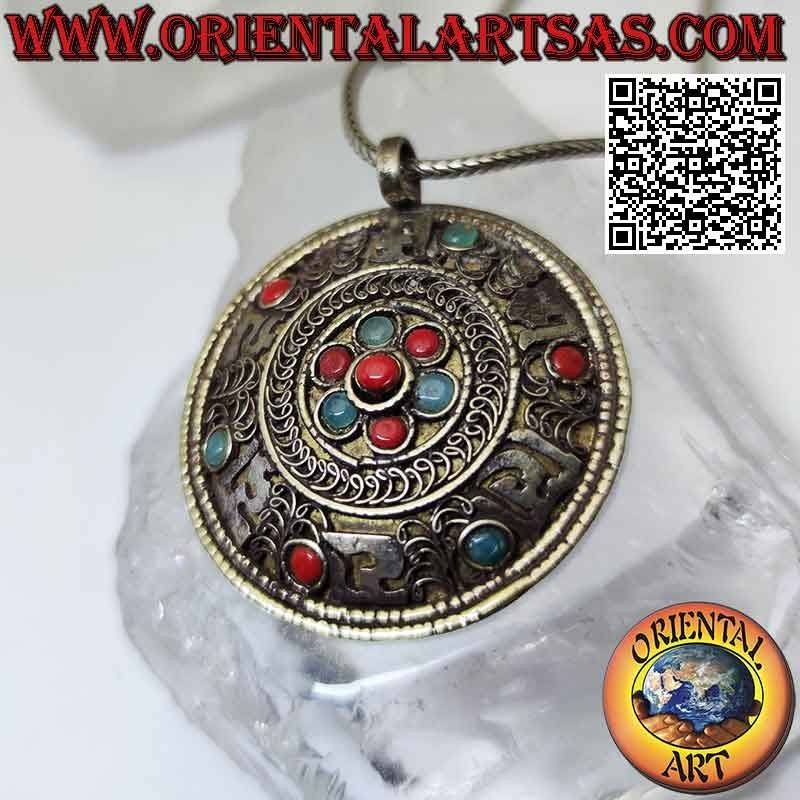 Tibetan medallion pendant with turquoise and ancient corals, symbols and filigree decoration