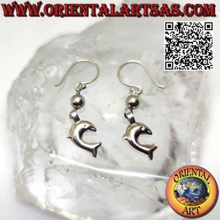 Silver leverback earrings with ball and pendant dolphin