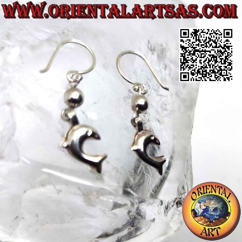 Boucles d'oreilles à levier en argent avec boule et pendentif dauphin
