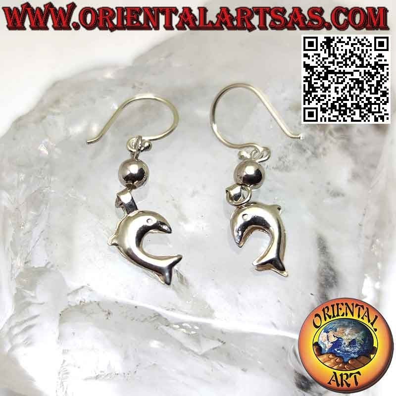 Silver leverback earrings with ball and pendant dolphin