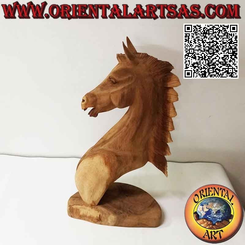 Sculpture tête de cheval en bois de suar de 52 cm (sculpté à la main dans un seul bloc) couleur naturelle