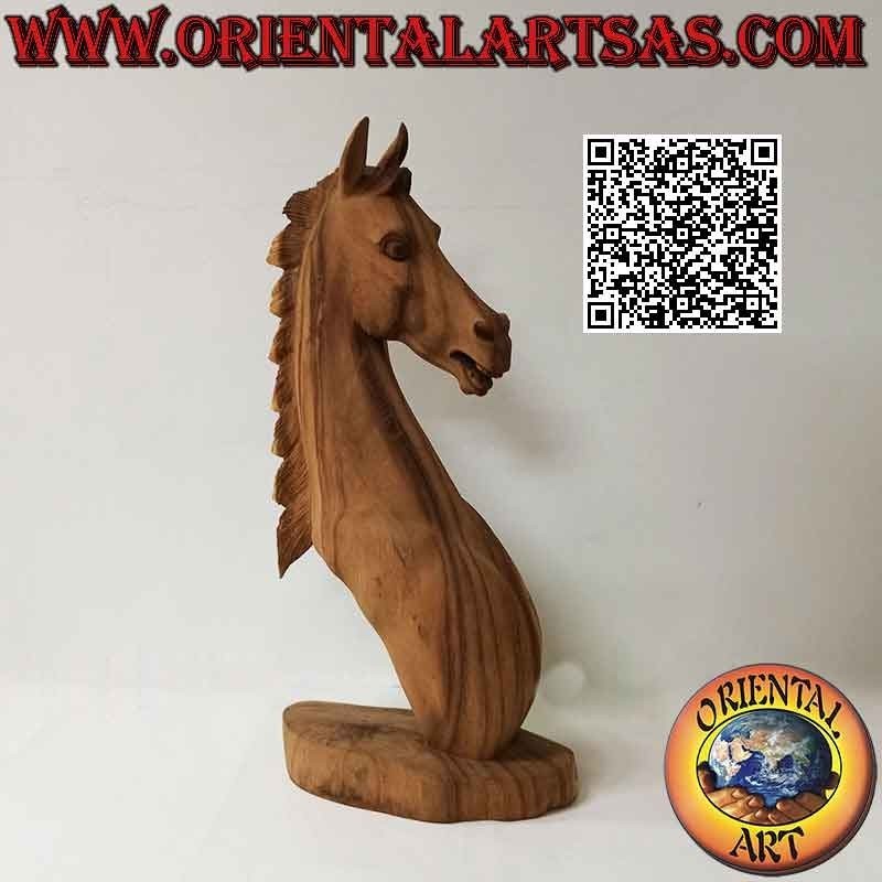 Sculpture tête de cheval en bois de suar de 52 cm (sculpté à la main dans un seul bloc) couleur naturelle