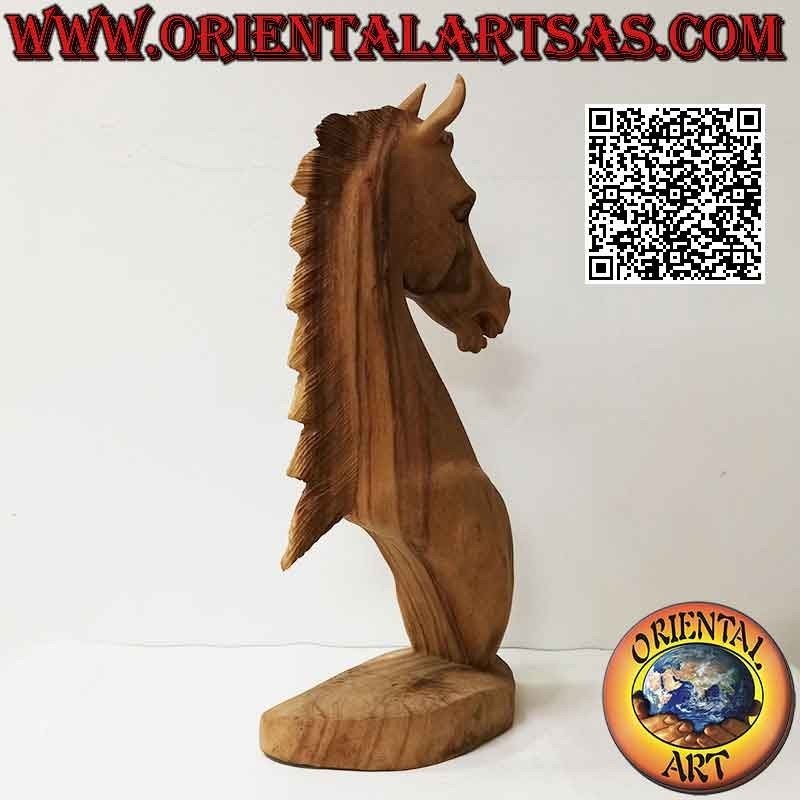 Sculpture tête de cheval en bois de suar de 52 cm (sculpté à la main dans un seul bloc) couleur naturelle