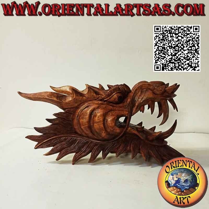 Escultura de cabeza de dragón en madera de suar de 30 cm (tallada a mano de un solo bloque en los detalles más pequeños)