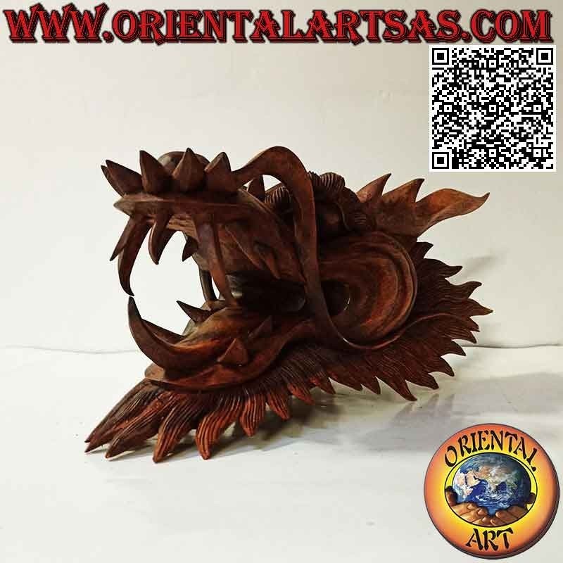 Scultura testa di drago in legno di suar da 30 cm (scolpita a mano da un unico blocconei minimi dettagli)
