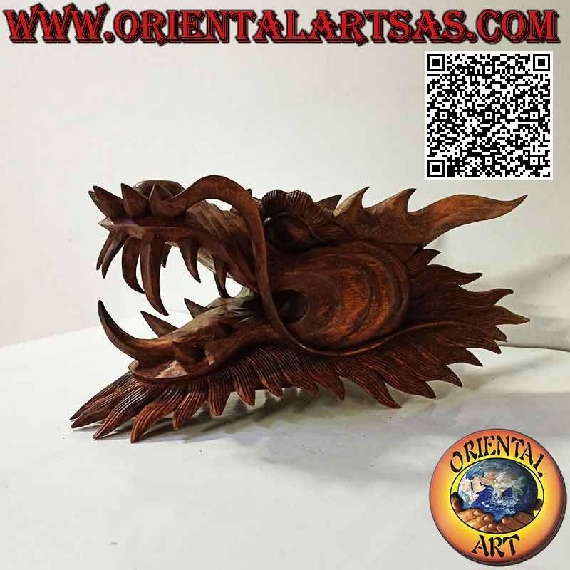 Scultura testa di drago in legno di suar da 30 cm (scolpita a mano da un unico blocconei minimi dettagli)