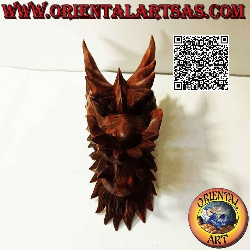 Scultura testa di drago in legno di suar da 30 cm (scolpita a mano da un unico blocconei minimi dettagli)