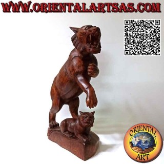 51cm suar wood snarling tiger sculpture with cub (hand carved from a single block) (left)