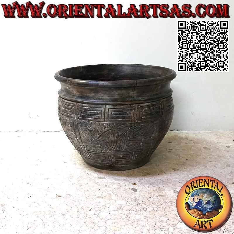 Plant pot with decoration and fish in relief in terracotta, handmade (38 cm and 50 cm ø)