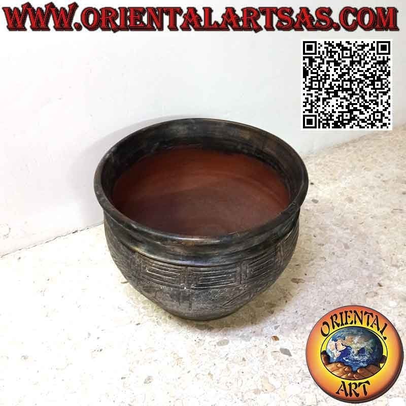 Cache-pot avec décor et poisson en relief en terre cuite, fait main (38 cm et 50 cm ø)