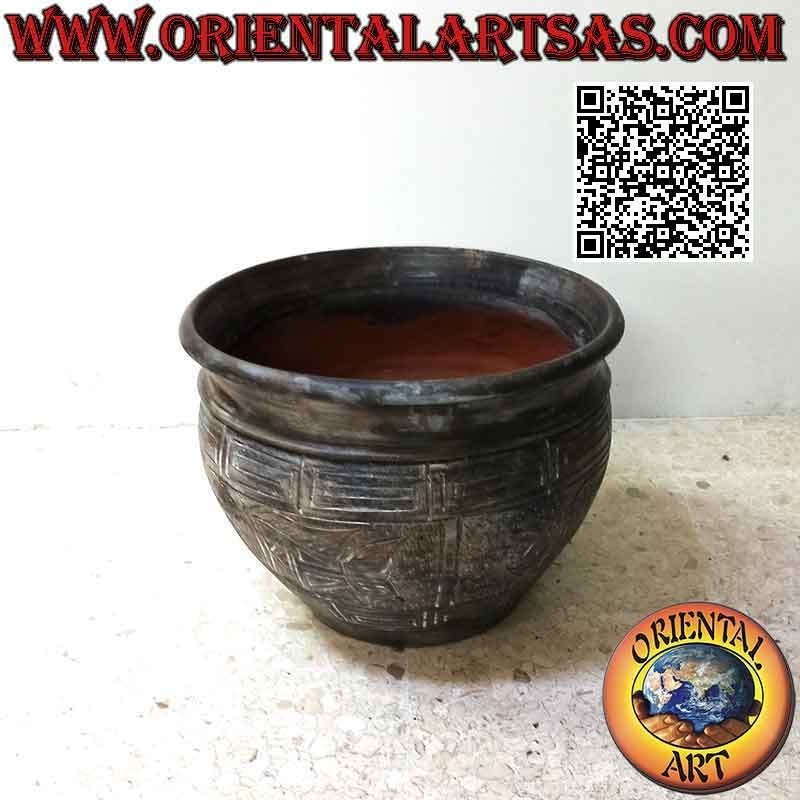 Plant pot with decoration and fish in relief in terracotta, handmade (38 cm and 50 cm ø)