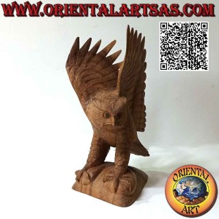 Owl sculpture with spread wings in 30cm suar wood (hand carved from a single block) (natural)