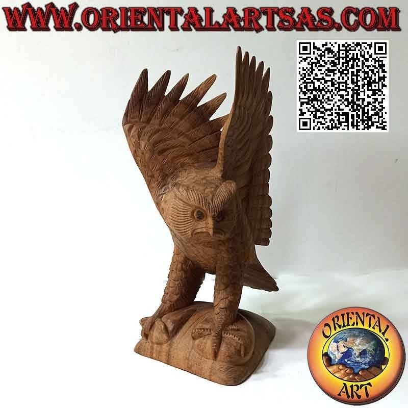 Owl sculpture with spread wings in 30cm suar wood (hand carved from a single block) (natural)