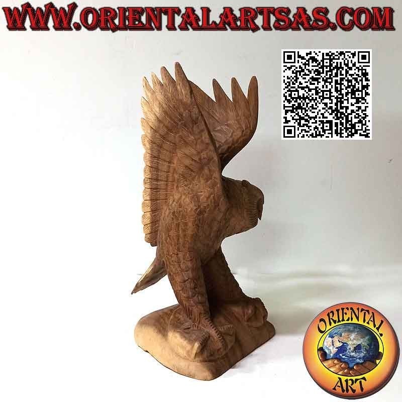 Owl sculpture with spread wings in 30cm suar wood (hand carved from a single block) (natural)