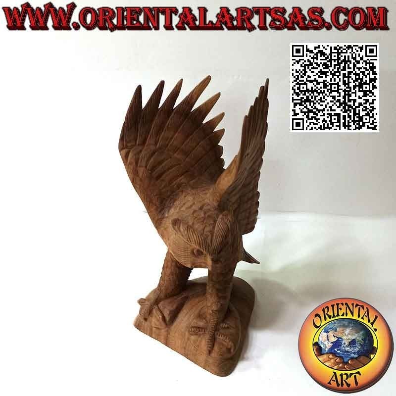 Owl sculpture with spread wings in 30cm suar wood (hand carved from a single block) (natural)