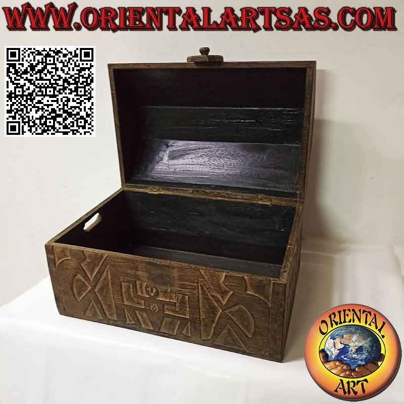 Cassapanca con aborigeni a bassorilievo e coperchio squadrato in legno di balsa da 45 cm