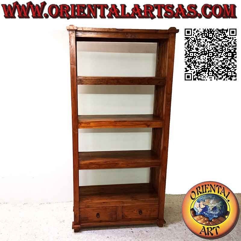 Bookcase with four shelves and two drawers with lateral columns in teak wood (190x90x36)