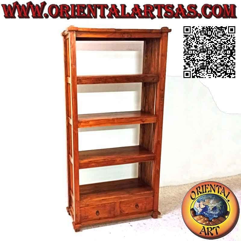 Bookcase with four shelves and two drawers with lateral columns in teak wood (190x90x36)
