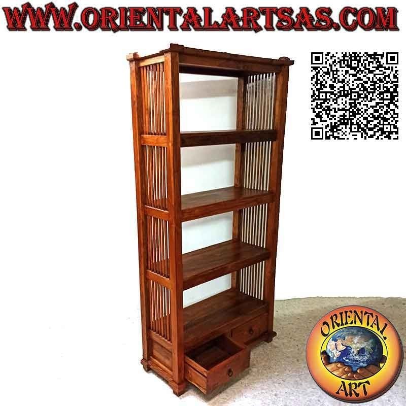Bookcase with four shelves and two drawers with lateral columns in teak wood (190x90x36)