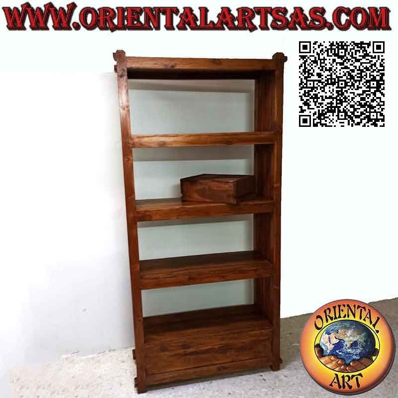 Bookcase with four shelves and two drawers with lateral columns in teak wood (190x90x36)