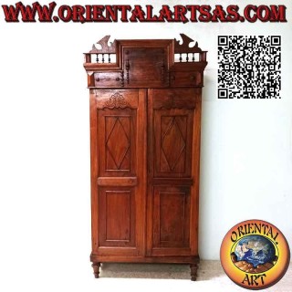 Pantry cabinet with 2 doors and 4 shelves with decorative columns in antique teak wood