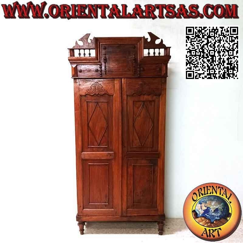 Armadietto dispensa a 2 ante e 4 ripiani con colonnine decorative  in legno antico di teak