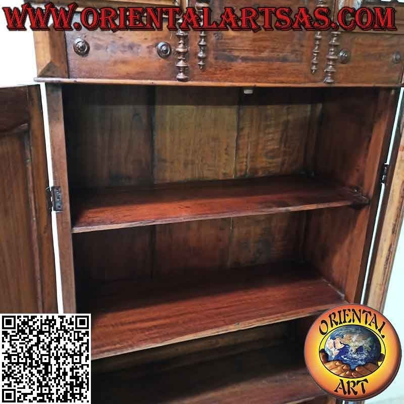 Armoire garde-manger avec 2 portes et 4 étagères avec colonnes décoratives en bois de teck antique