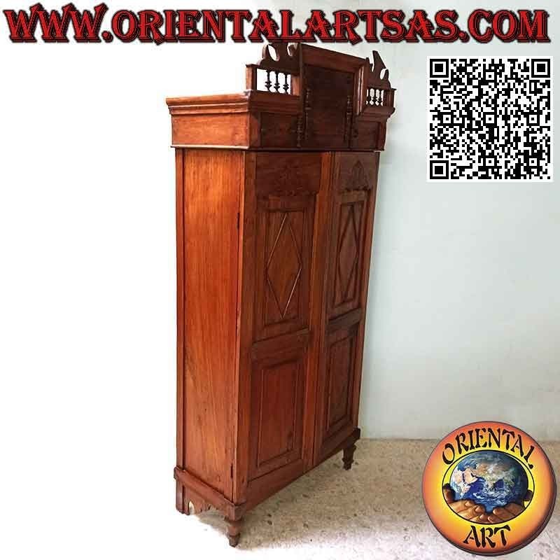 Armoire garde-manger avec 2 portes et 4 étagères avec colonnes décoratives en bois de teck antique