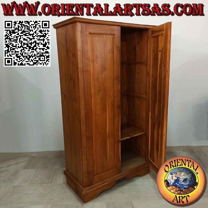 Large linear wardrobe with 2 doors and 4 shelves in teak wood