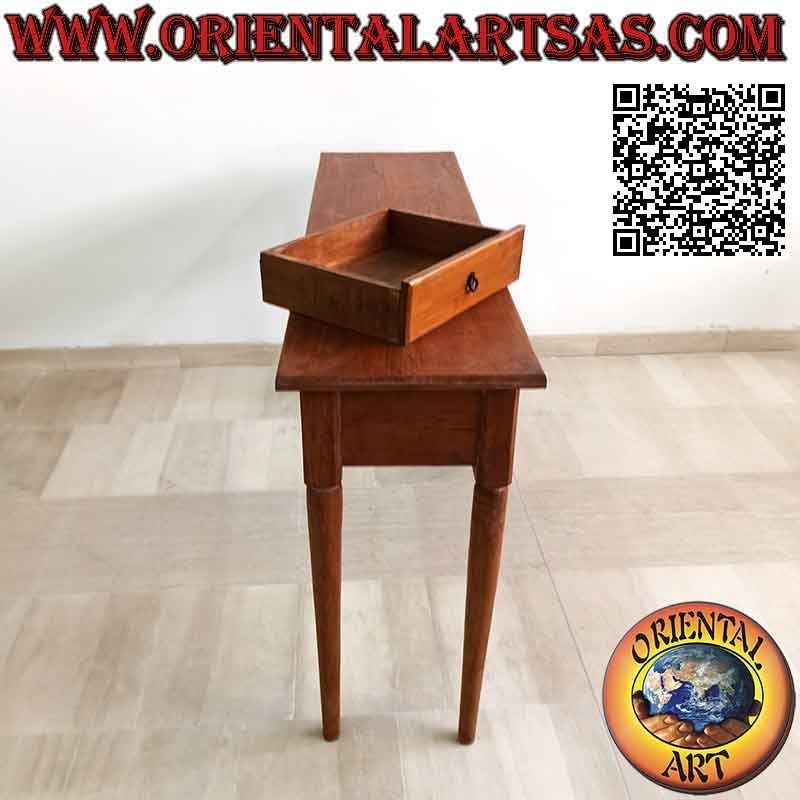 Tavolo consolle a tre cassetti con gambe tonde a spillo in legno di teak