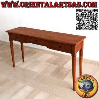 Table console à trois tiroirs avec pieds ronds à pointes en bois de teck
